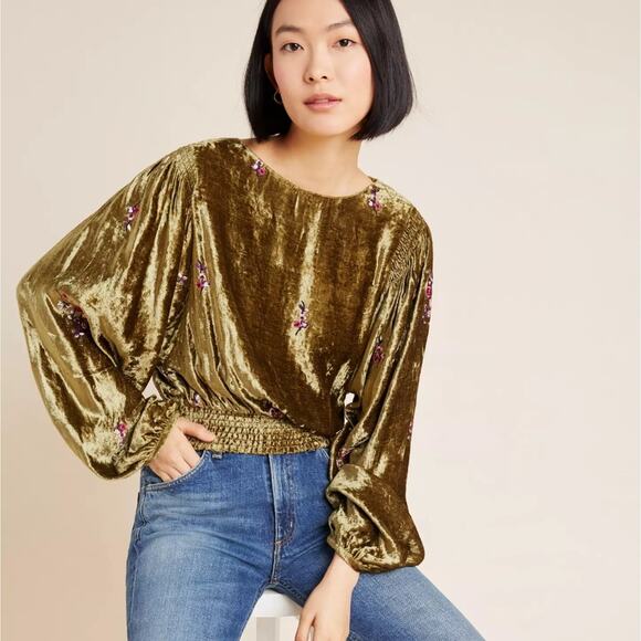 Anthropologie Tori Embroidered Velvet Blouse by Seen Worn Kept in Green - Picture 2 of 8